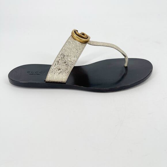 Gucci Gold Metallic Marmont GG Double G Thong Flip Flop Flat Sandal size EU 36.5 - Picture 2 of 12